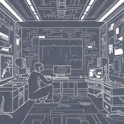 A dark, atmospheric render of glowing game engine wireframes and node-based graphs, overlaid with subtle, stylized schematics of a futuristic game controller. Focus on the intricate beauty of digital creation.