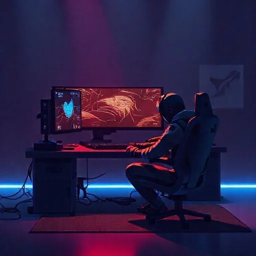 Abstract, high-contrast digital art related to gaming concepts: stylized pixel art landscapes in shades of purple and blue.