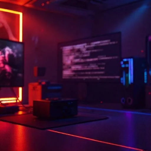 Abstract, high-contrast digital art related to gaming concepts: abstract representations of glowing green code flowing across a dark interface.